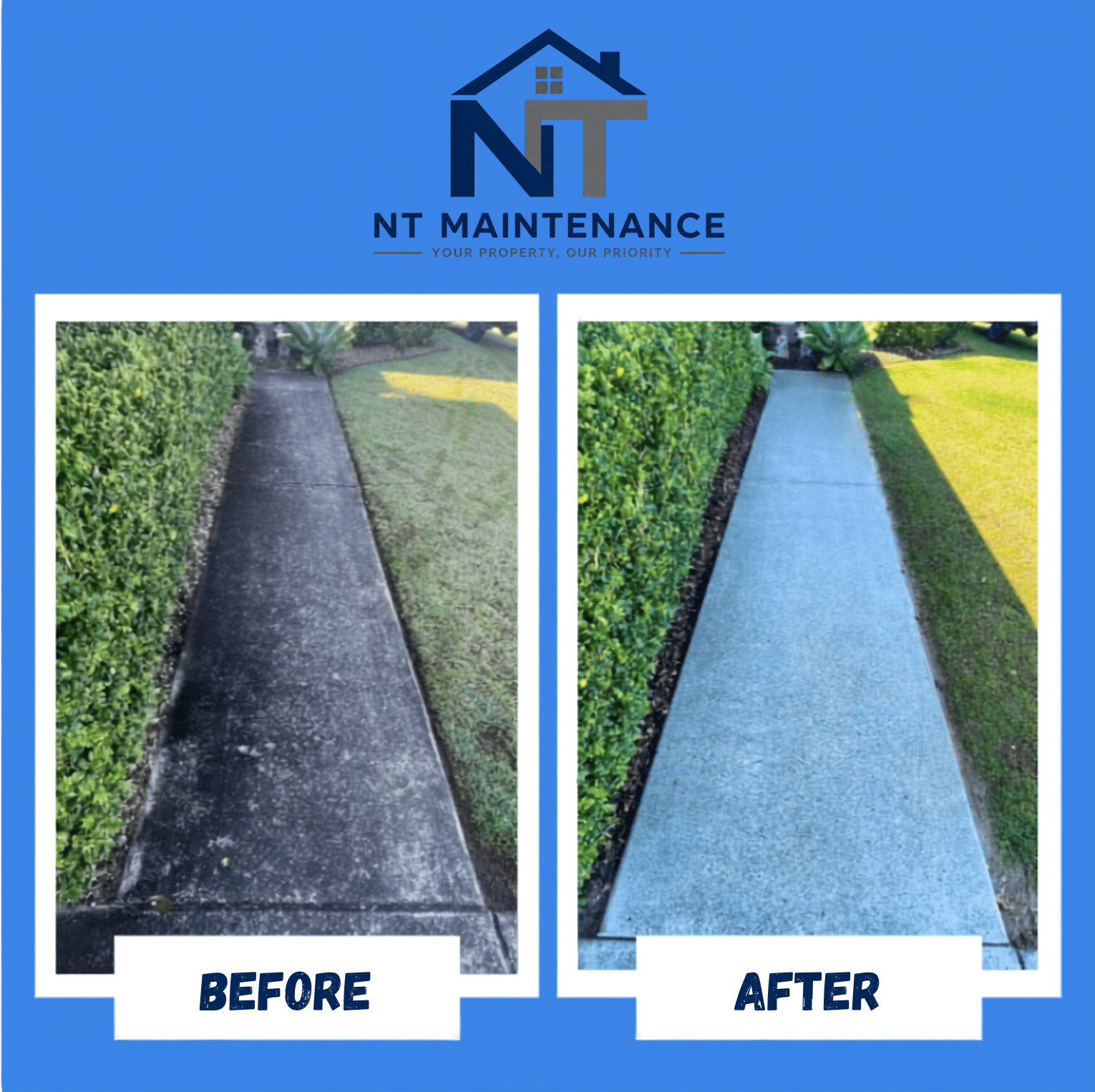 Before and after pressure washing a concrete garden path