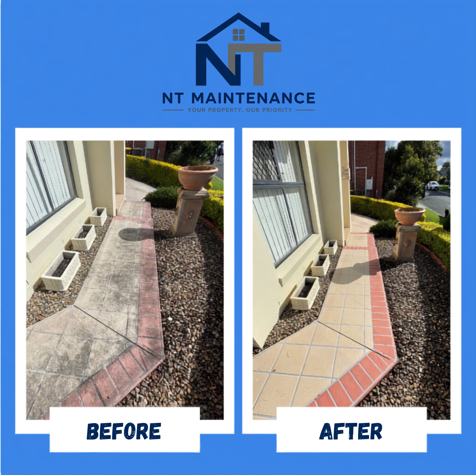 Before and after pressure washing a tiled path entrance