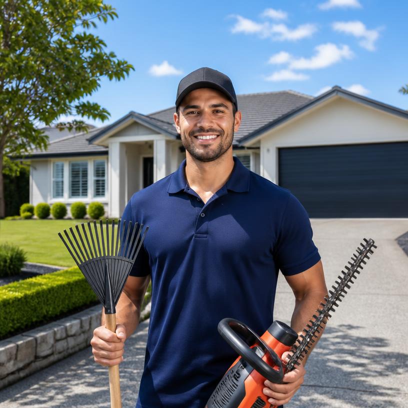 NT Maintenance team member in front of a well-maintained Auckland property